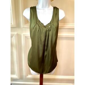 Anne Klein Olive Satin Top with Ruched Neckline – Size L